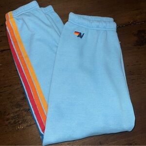 Aviator Nation Light Blue Joggers with Rainbow Stripes